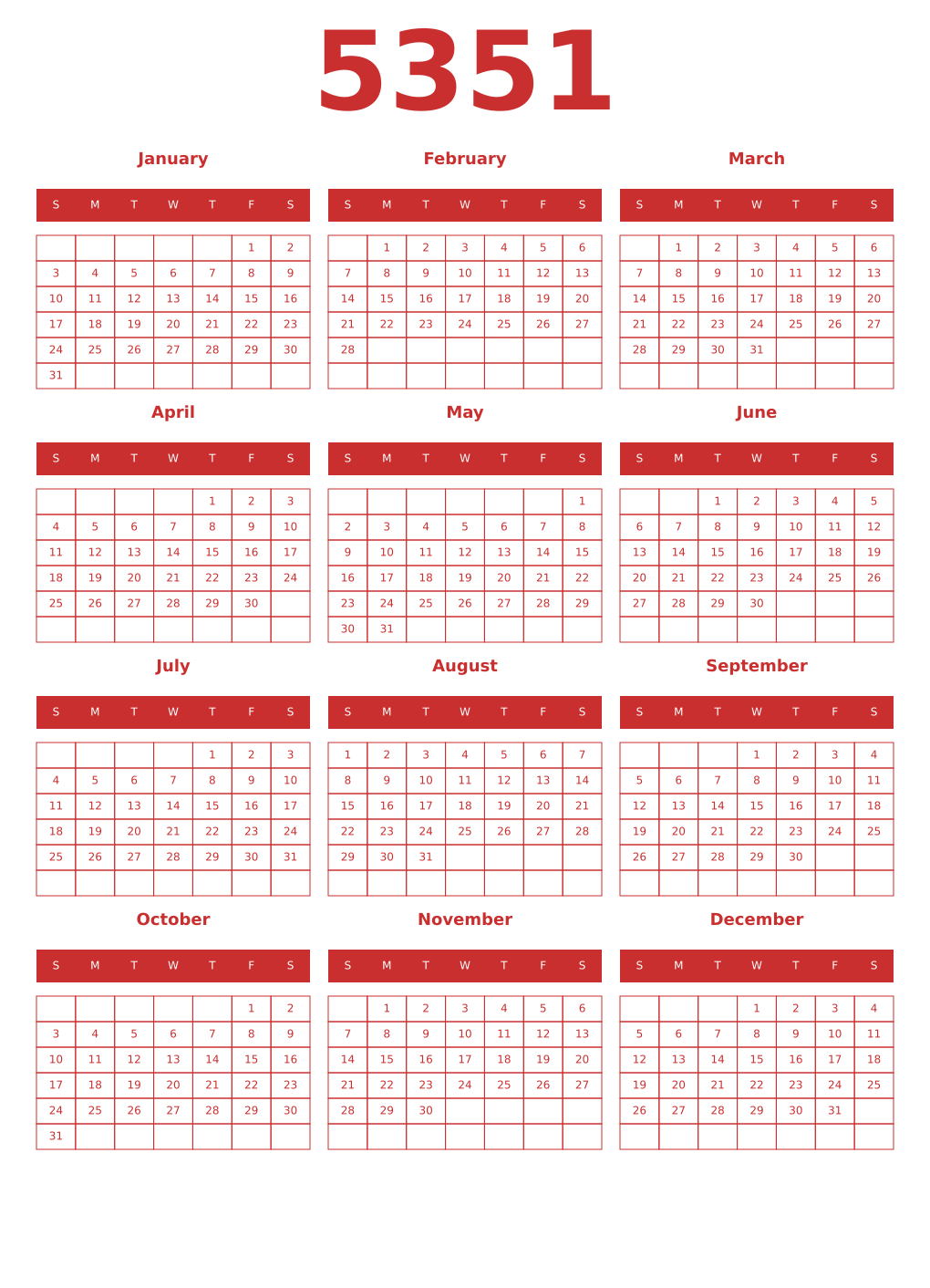 Printable 5351 Year Calendars red