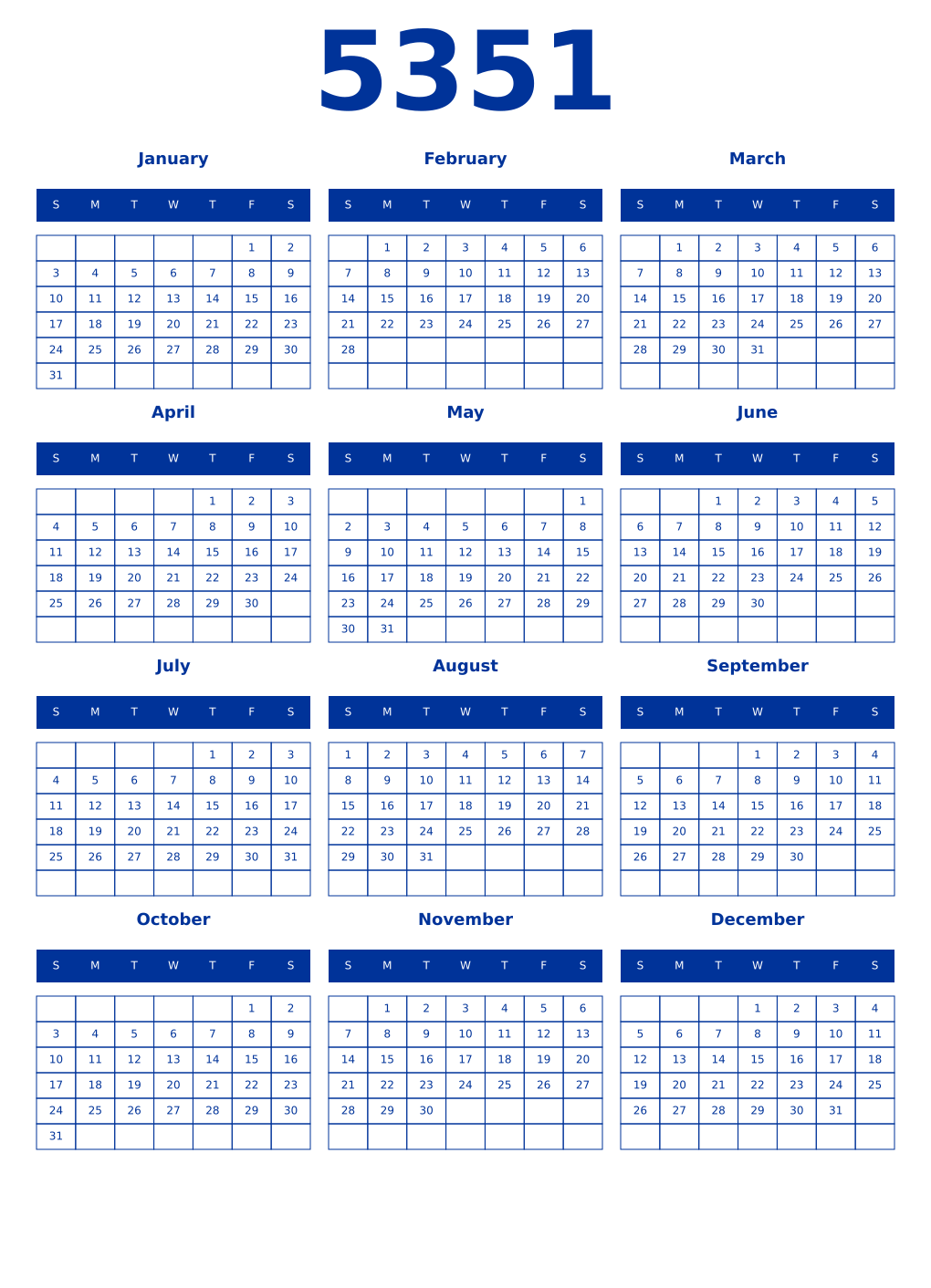 Printable 5351 Year Calendars smalt