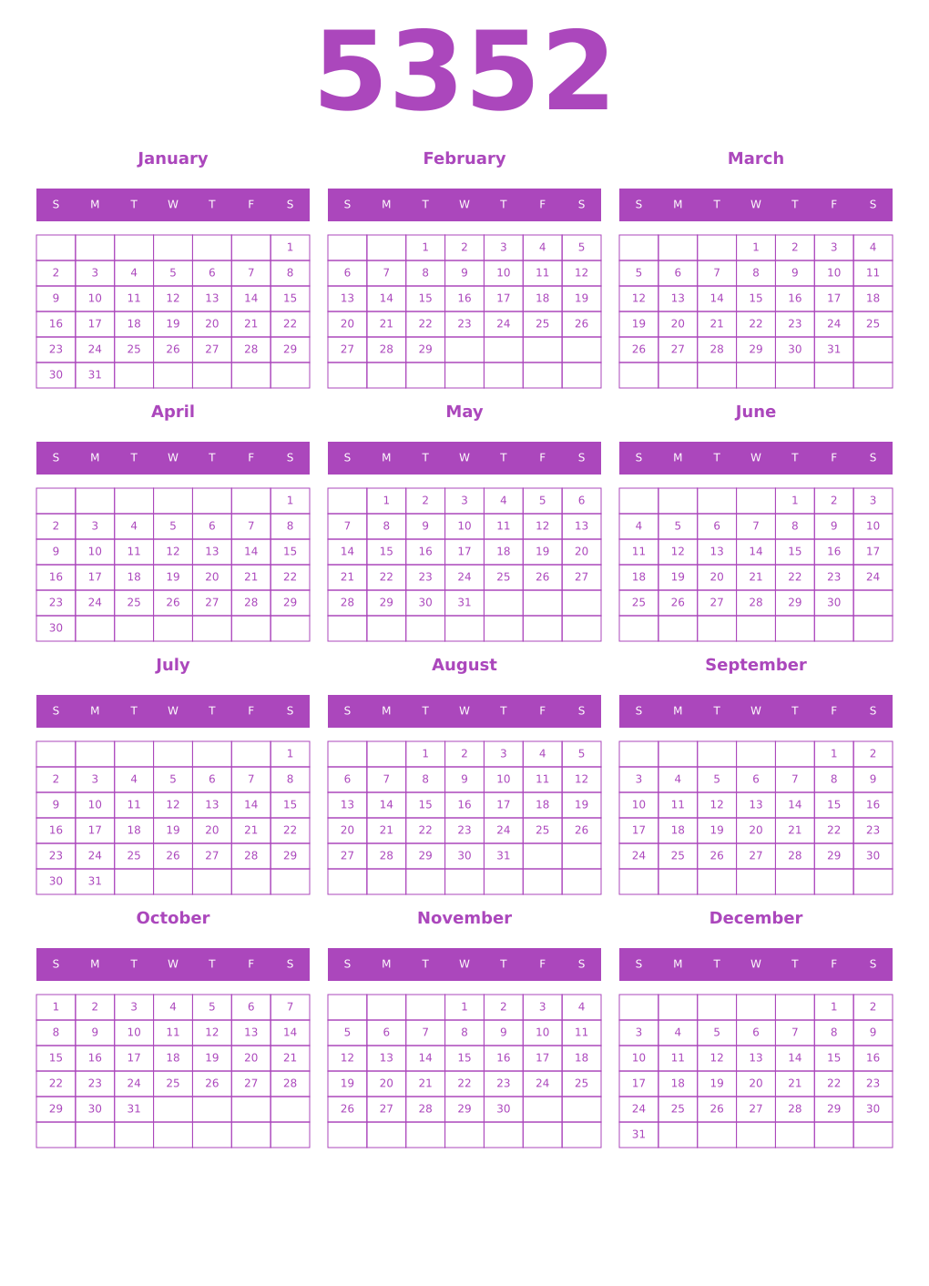 Printable 5352 Calendars