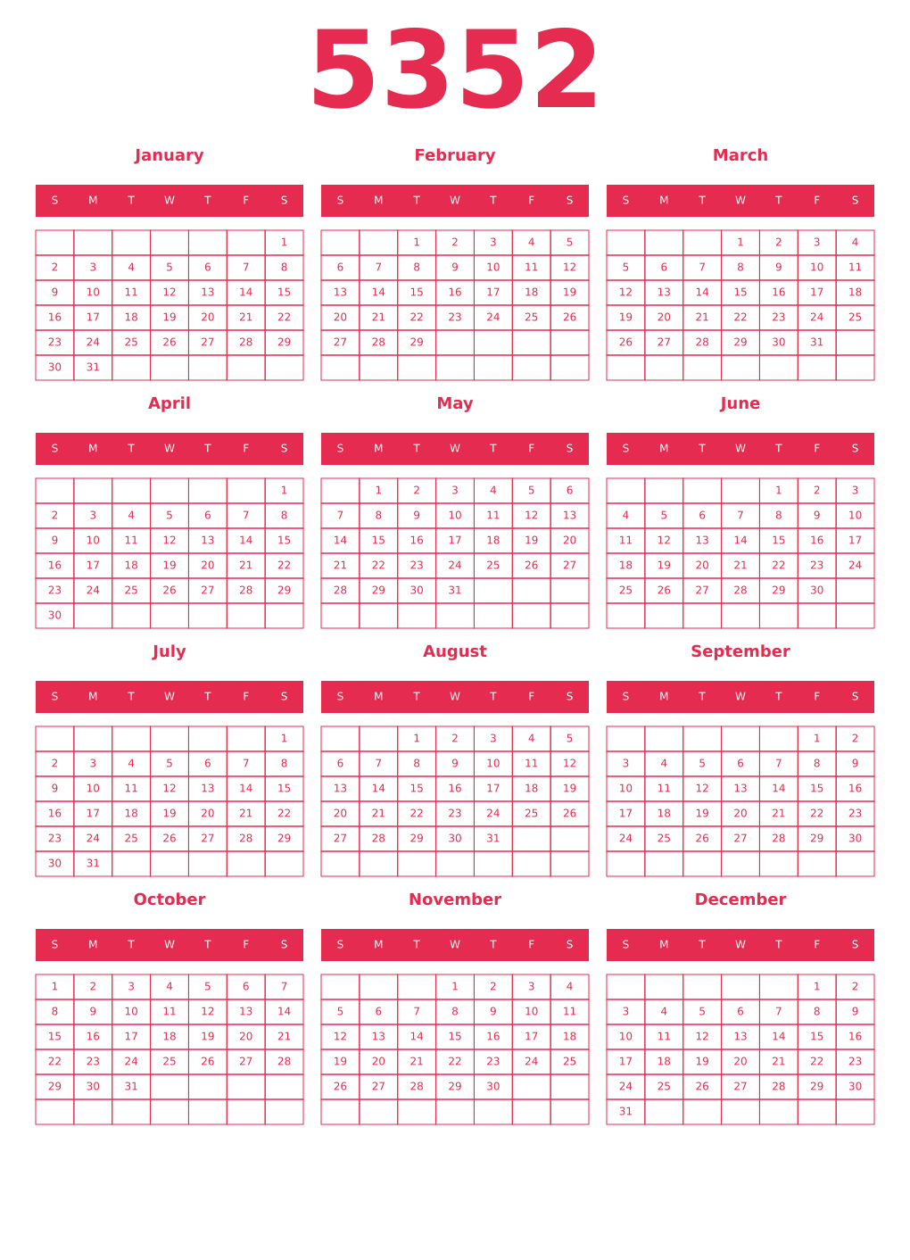 Printable 5352 Year Calendars amaranth