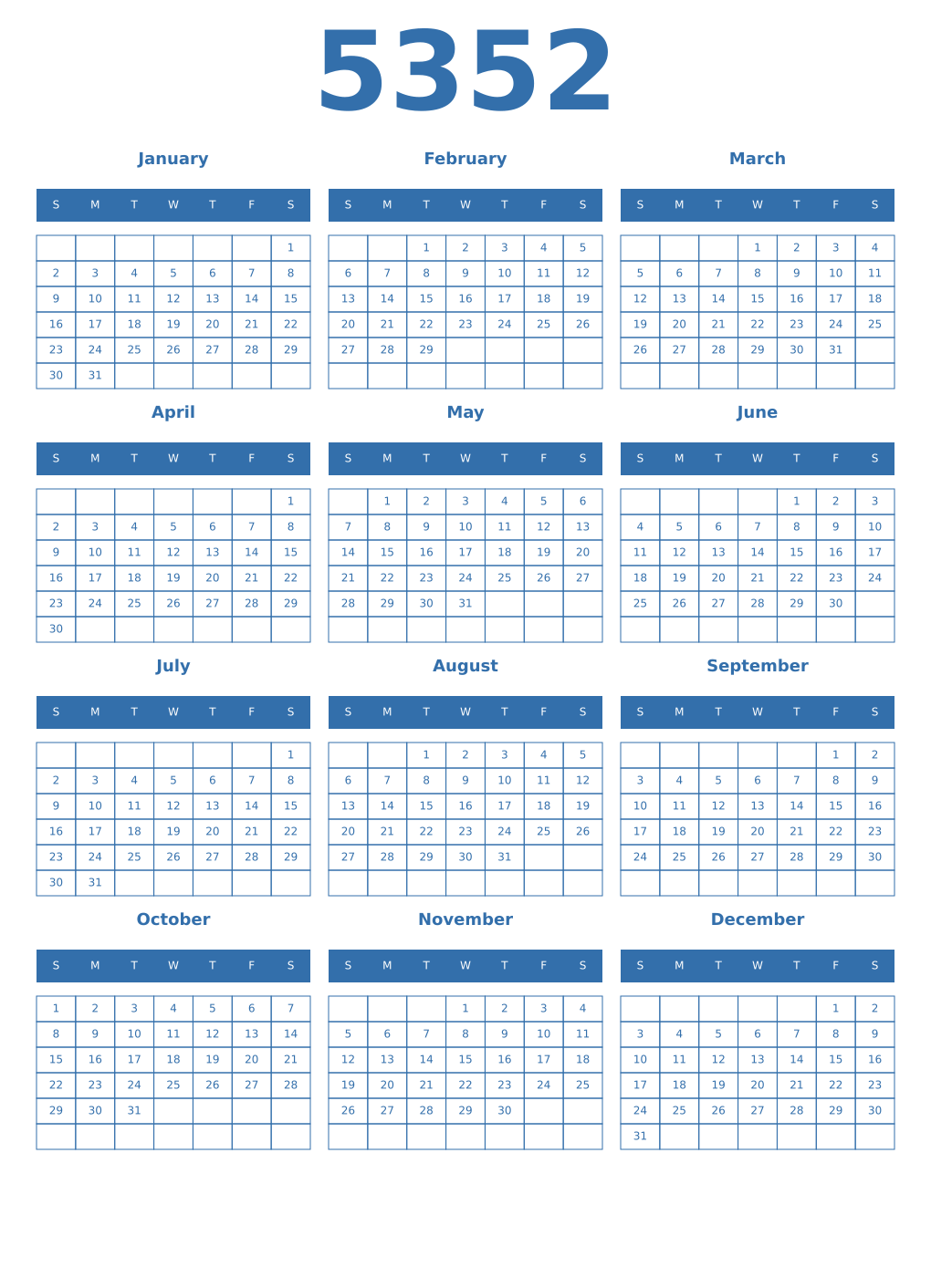 Printable 5352 Year Calendars blue