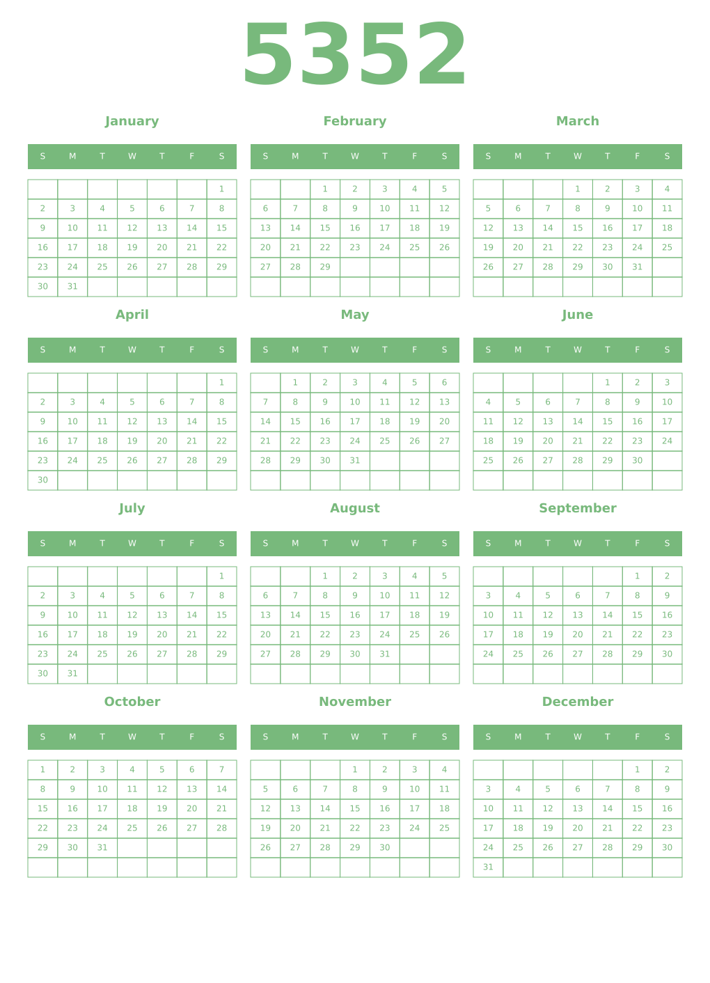 Printable 5352 Year Calendars celadon
