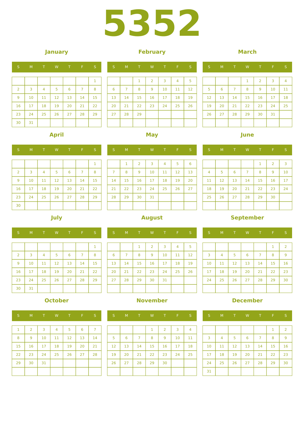 Printable 5352 Year Calendars chartreuse