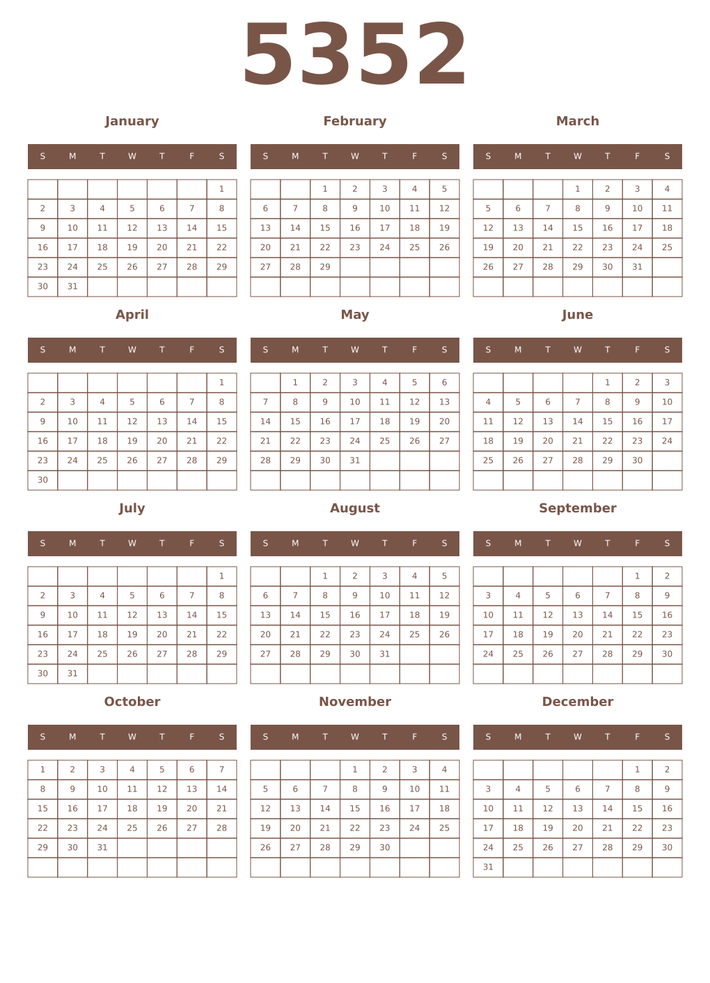 Printable 5352 Year Calendars coffe