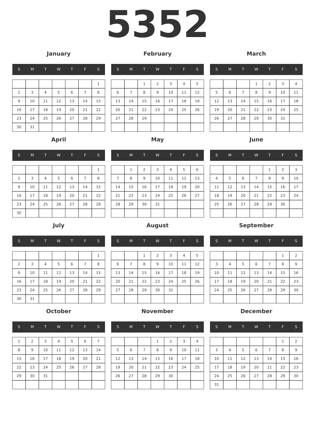 Printable 5352 Year Calendars dark