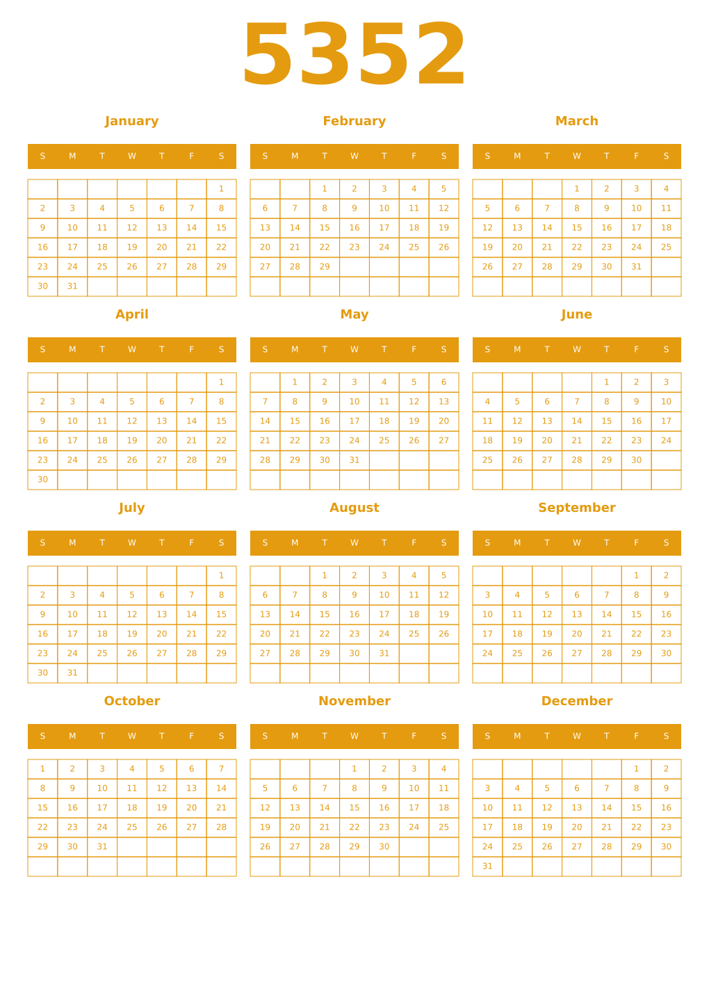 Printable 5352 Year Calendars gamboge