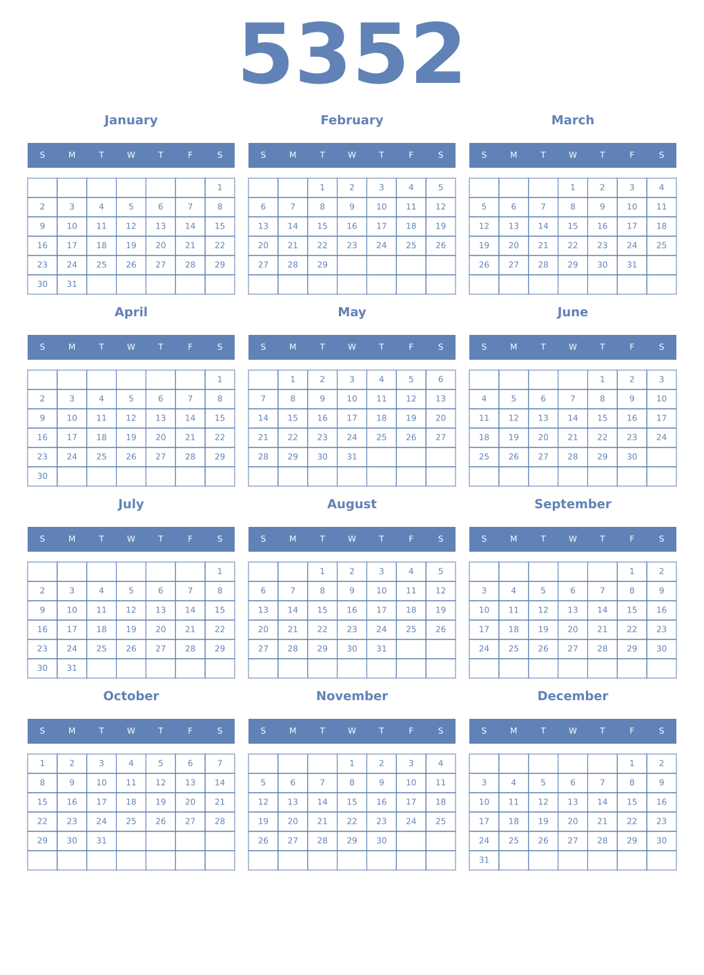 Printable 5352 Year Calendars glaucous