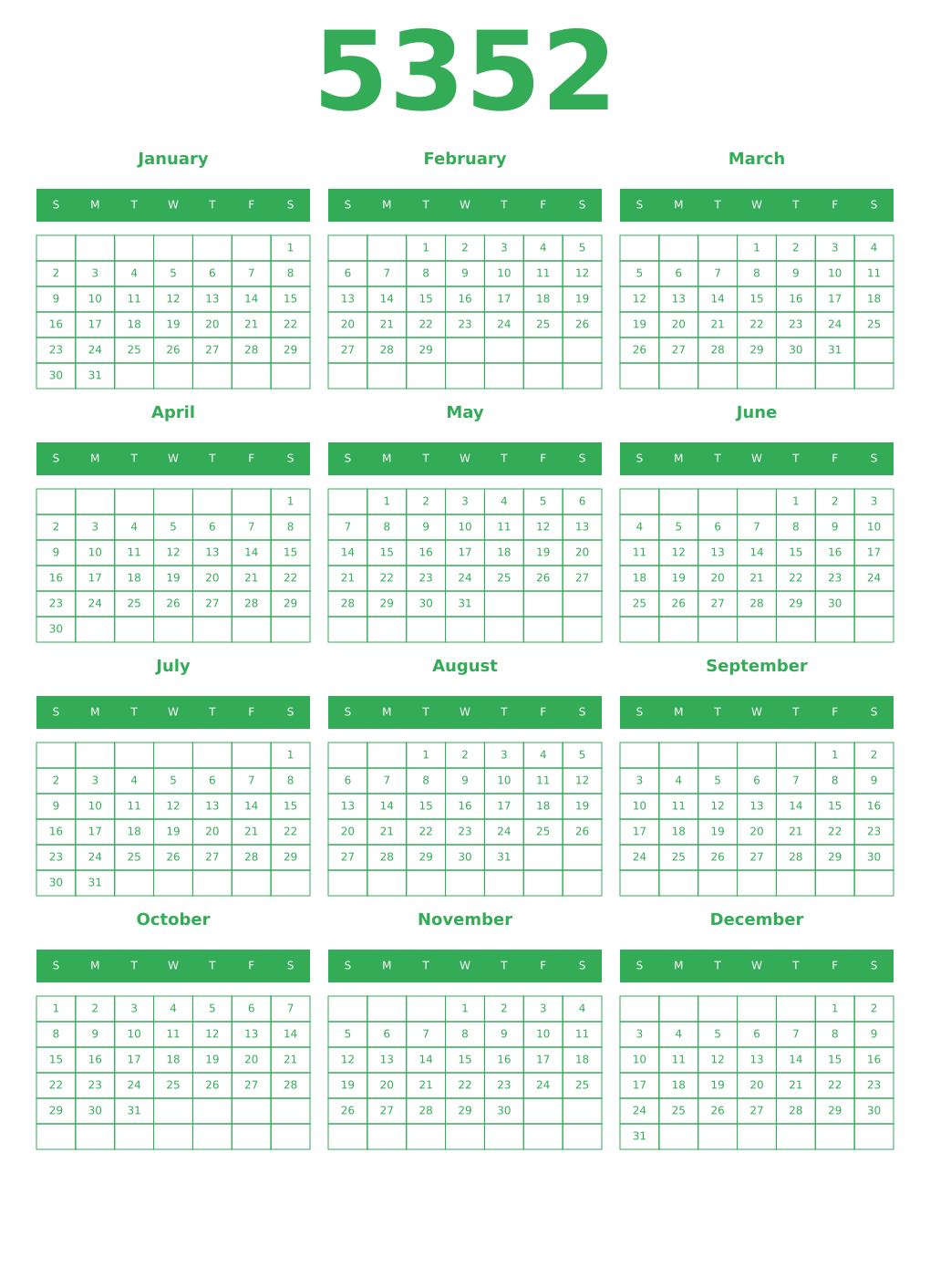 Printable 5352 Year Calendars green
