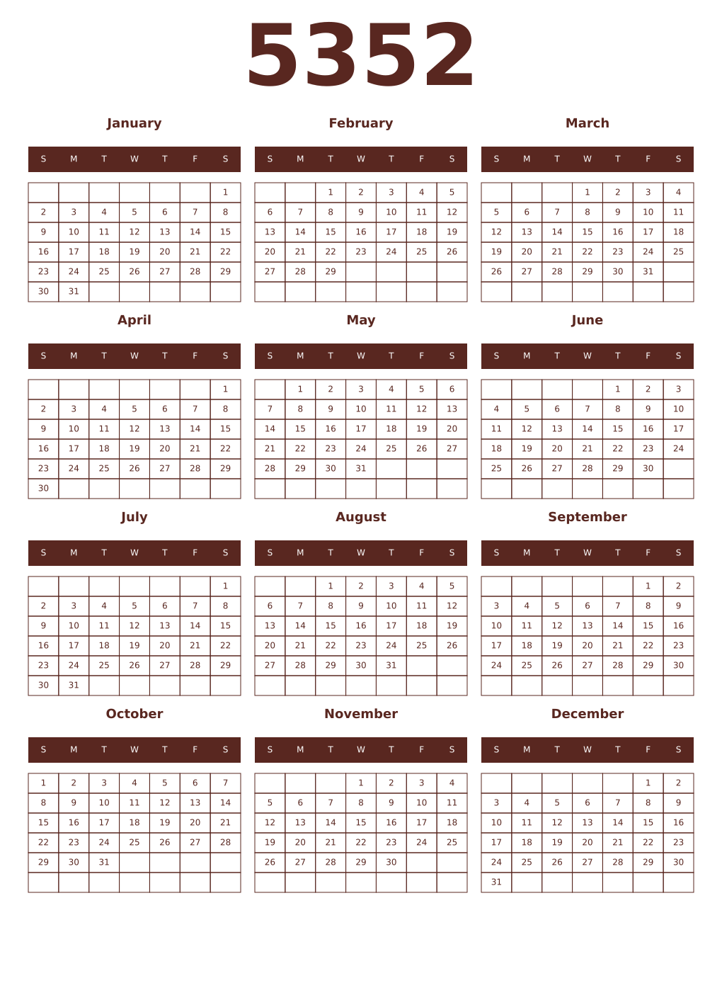 Printable 5352 Year Calendars mortuum