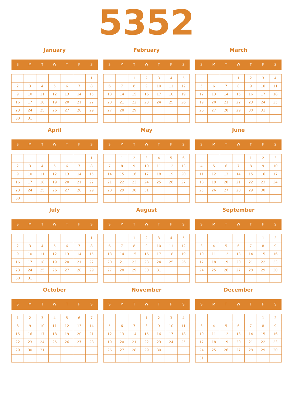 Printable 5352 Year Calendars orange