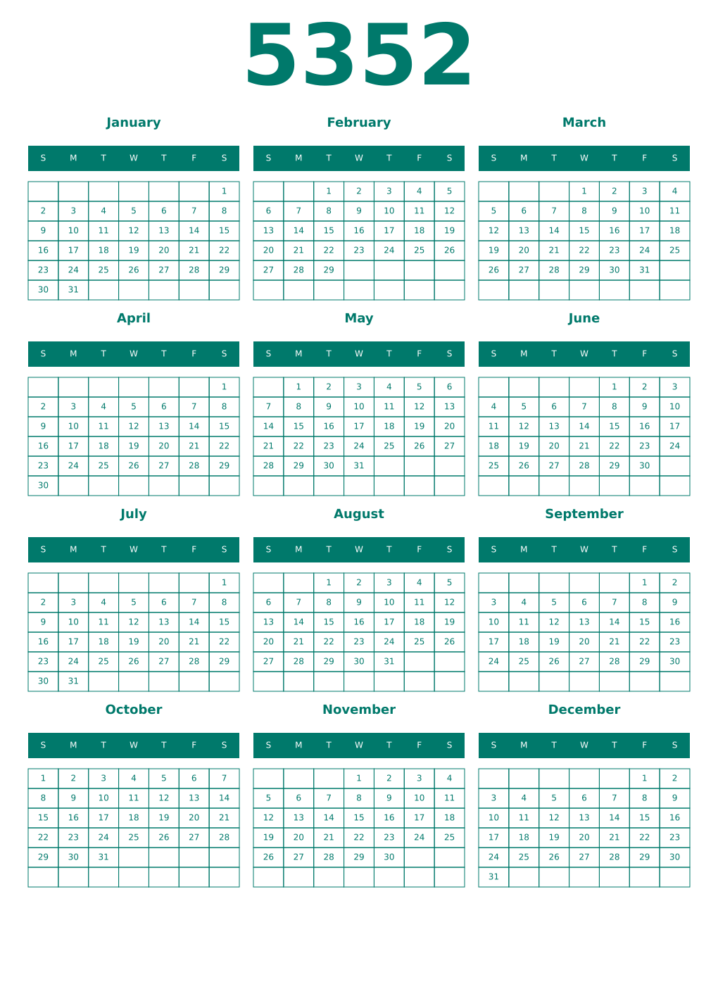 Printable 5352 Year Calendars pastel