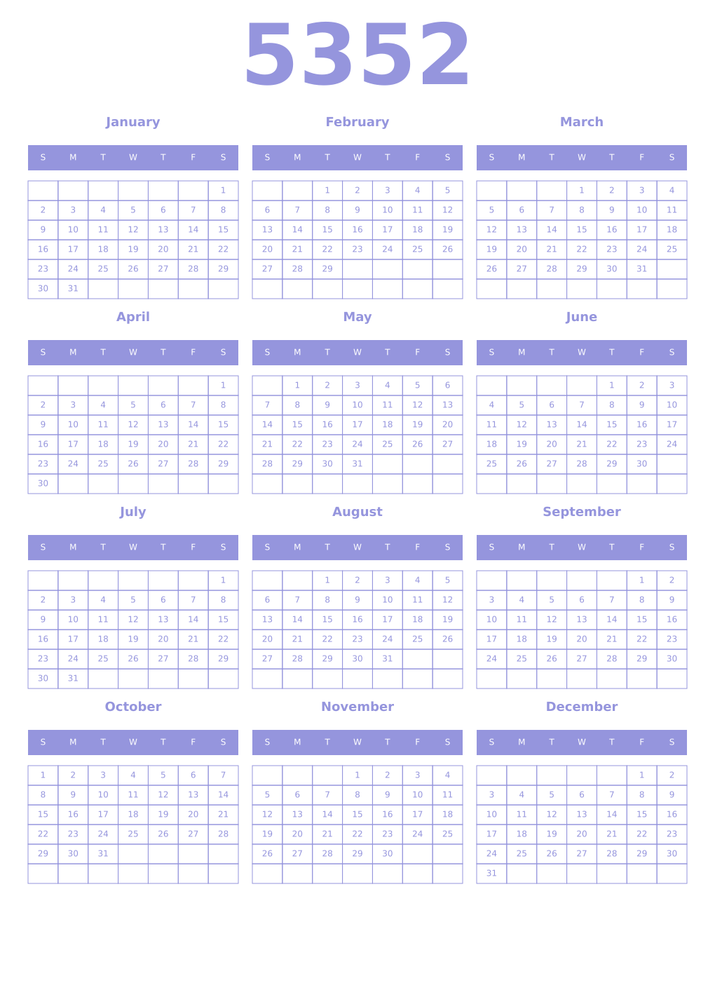 Printable 5352 Year Calendars periwinkle