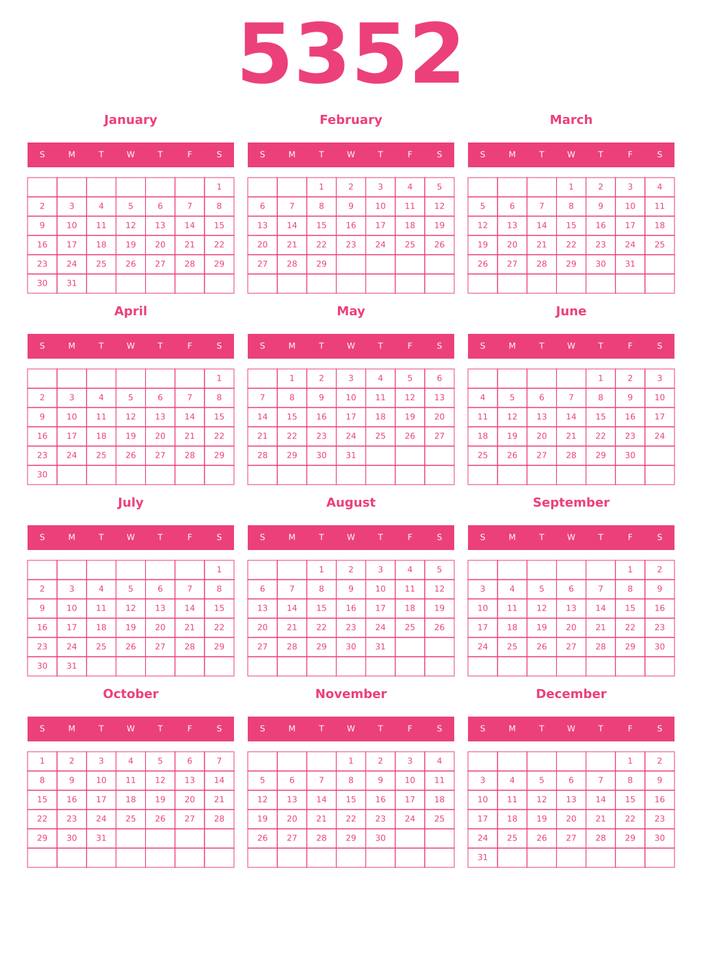 Printable 5352 Year Calendars pink
