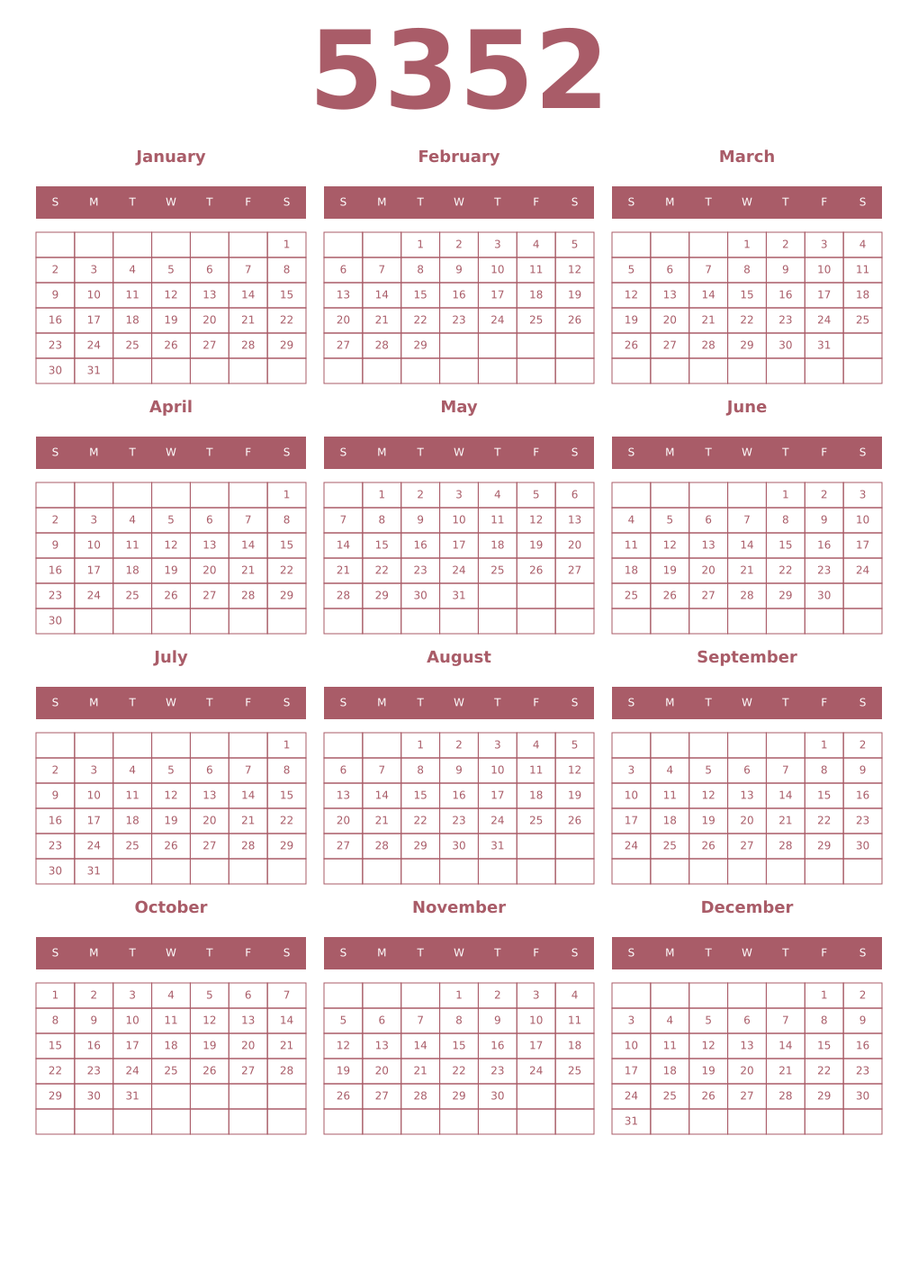 Printable 5352 Year Calendars puce