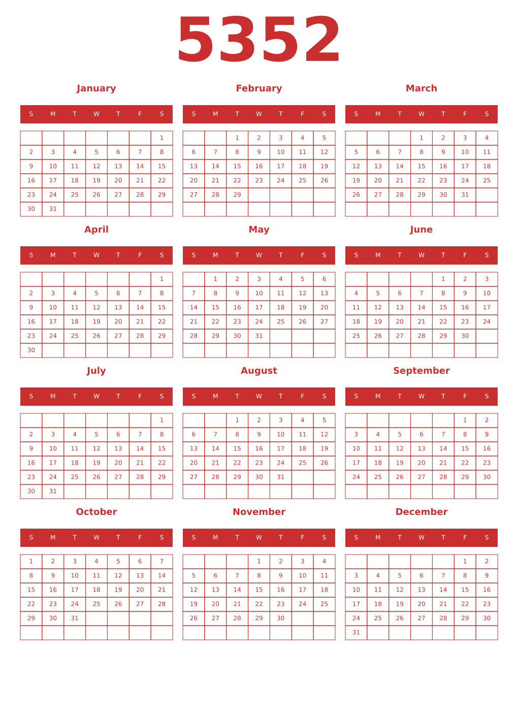 Printable 5352 Year Calendars red