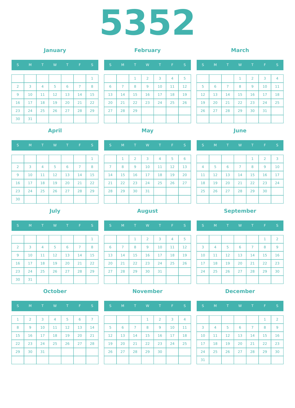 Printable 5352 Year Calendars verdigris