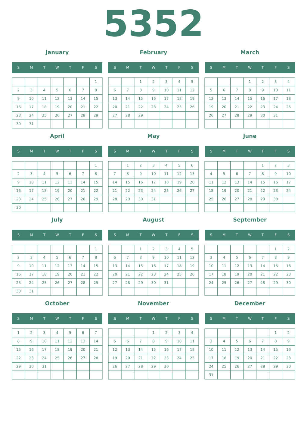 Printable 5352 Year Calendars viridian