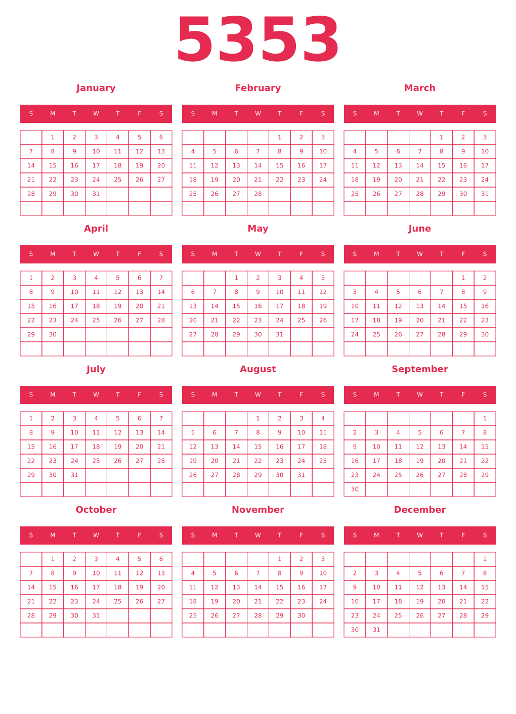 Printable 5353 Year Calendars amaranth