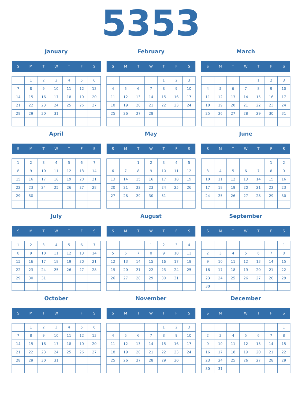 Printable 5353 Year Calendars blue