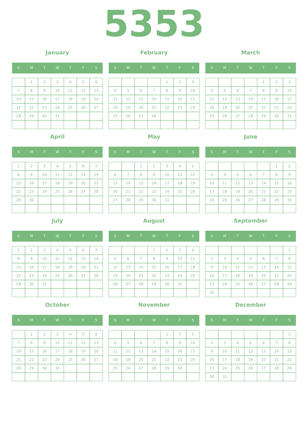 Printable 5353 Year Calendars celadon