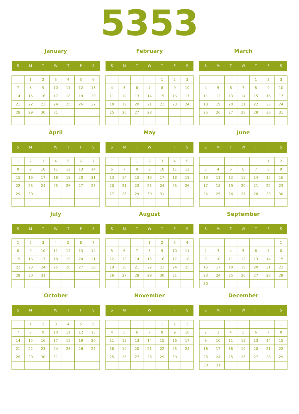 Printable 5353 Year Calendars chartreuse