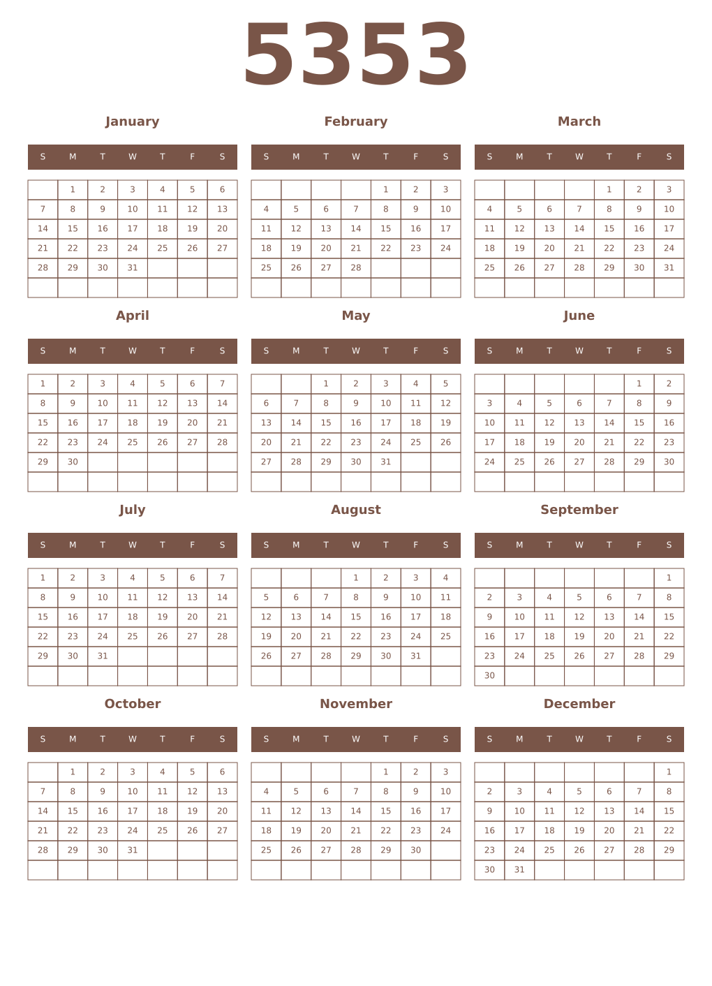 Printable 5353 Year Calendars coffe