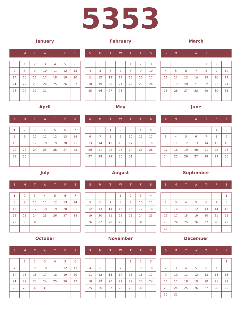 Printable 5353 Year Calendars cordovan