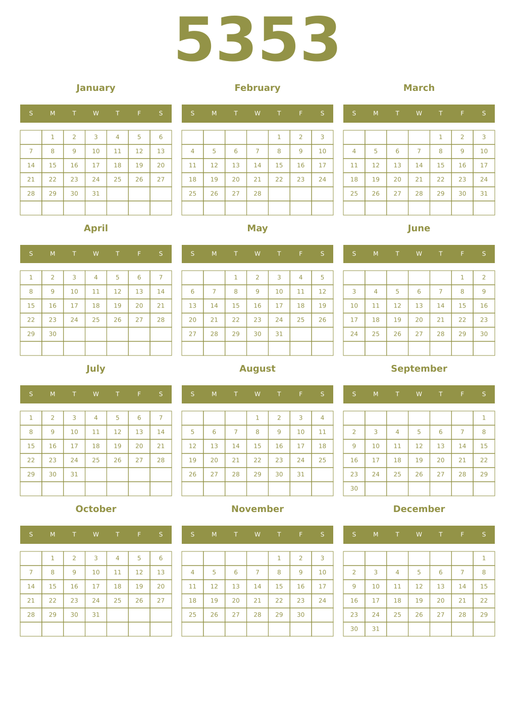 Printable 5353 Year Calendars eburnean