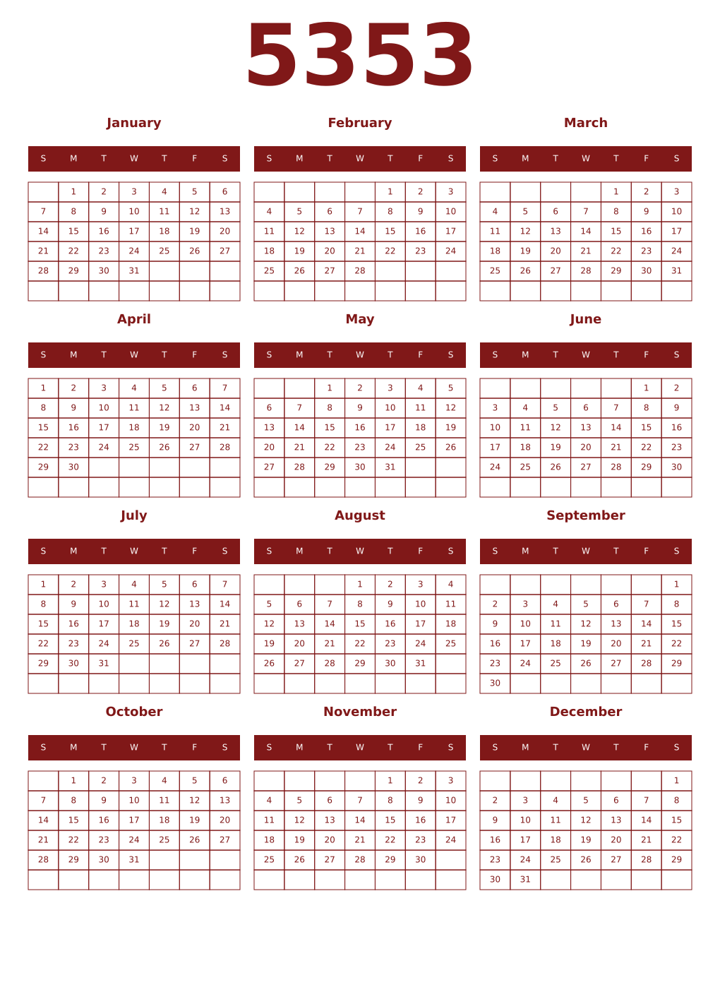 Printable 5353 Year Calendars falu