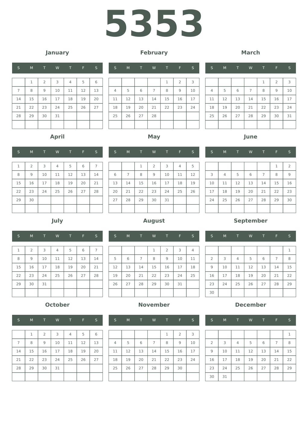 Printable 5353 Year Calendars feldgrau