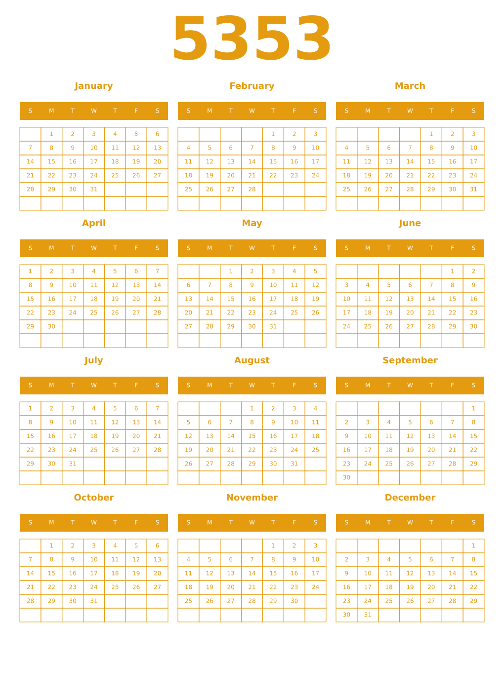Printable 5353 Year Calendars gamboge