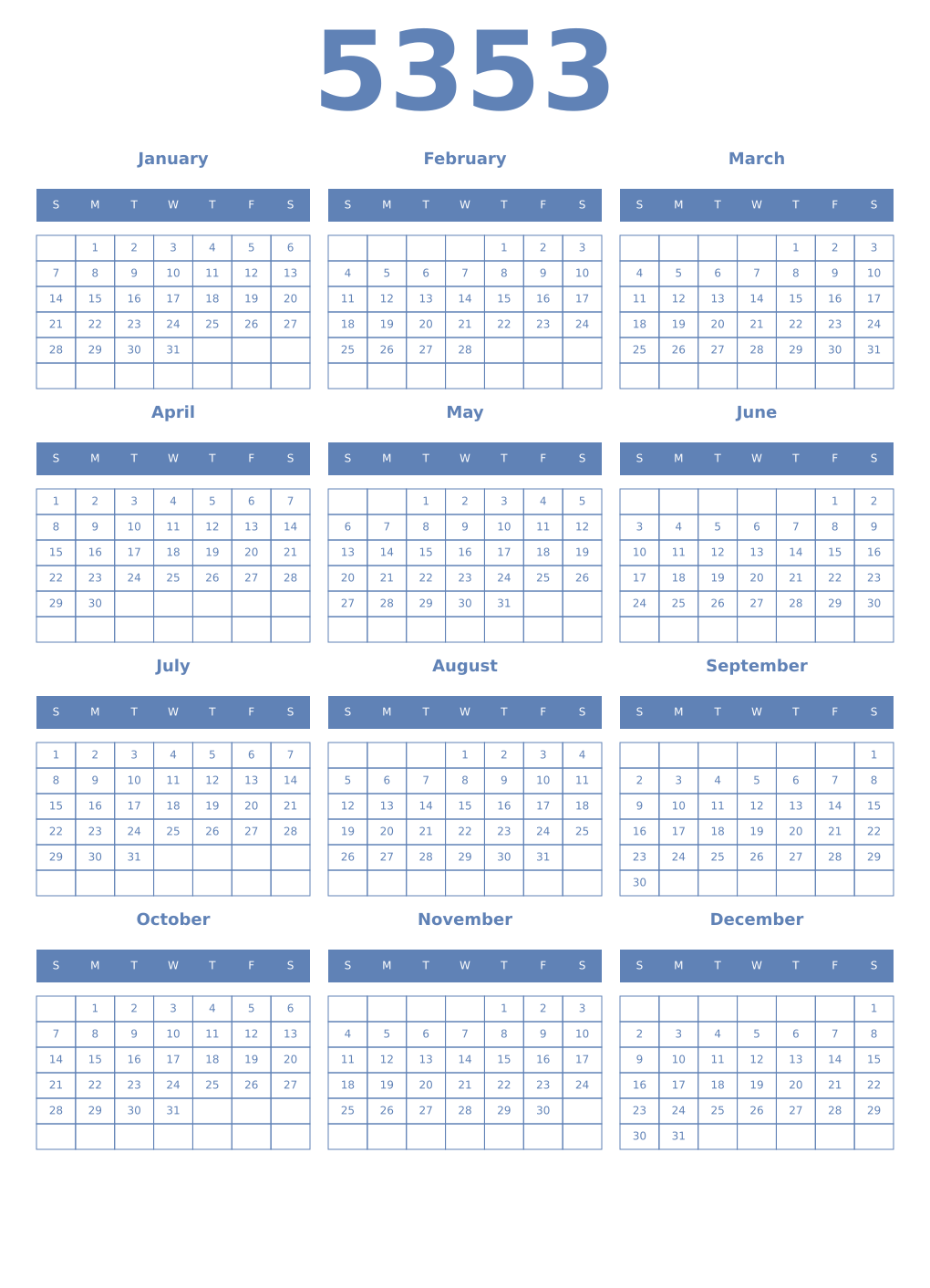 Printable 5353 Year Calendars glaucous