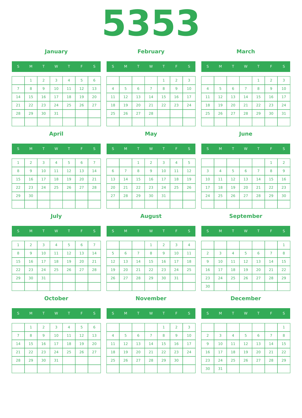 Printable 5353 Year Calendars green