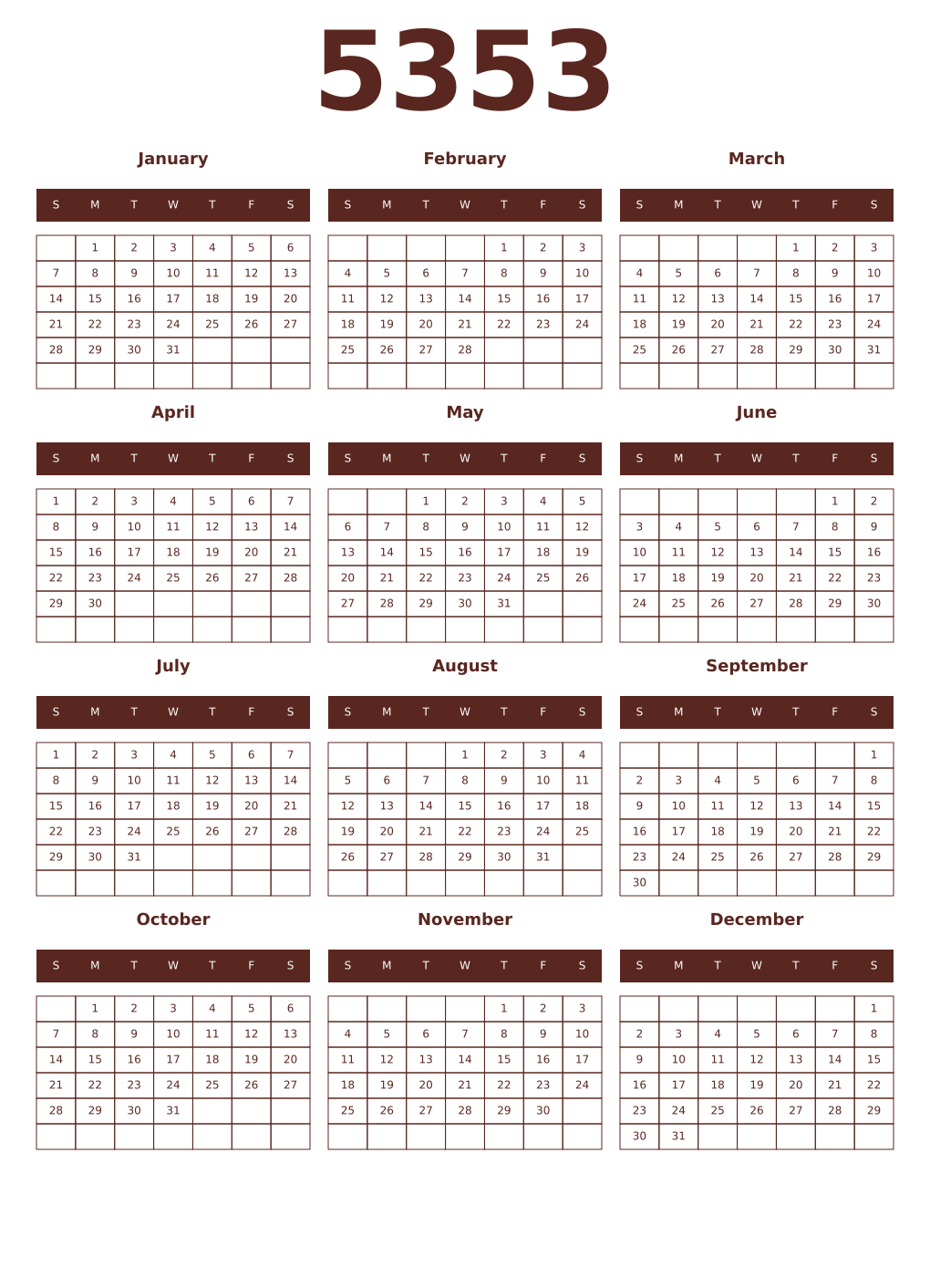 Printable 5353 Year Calendars mortuum