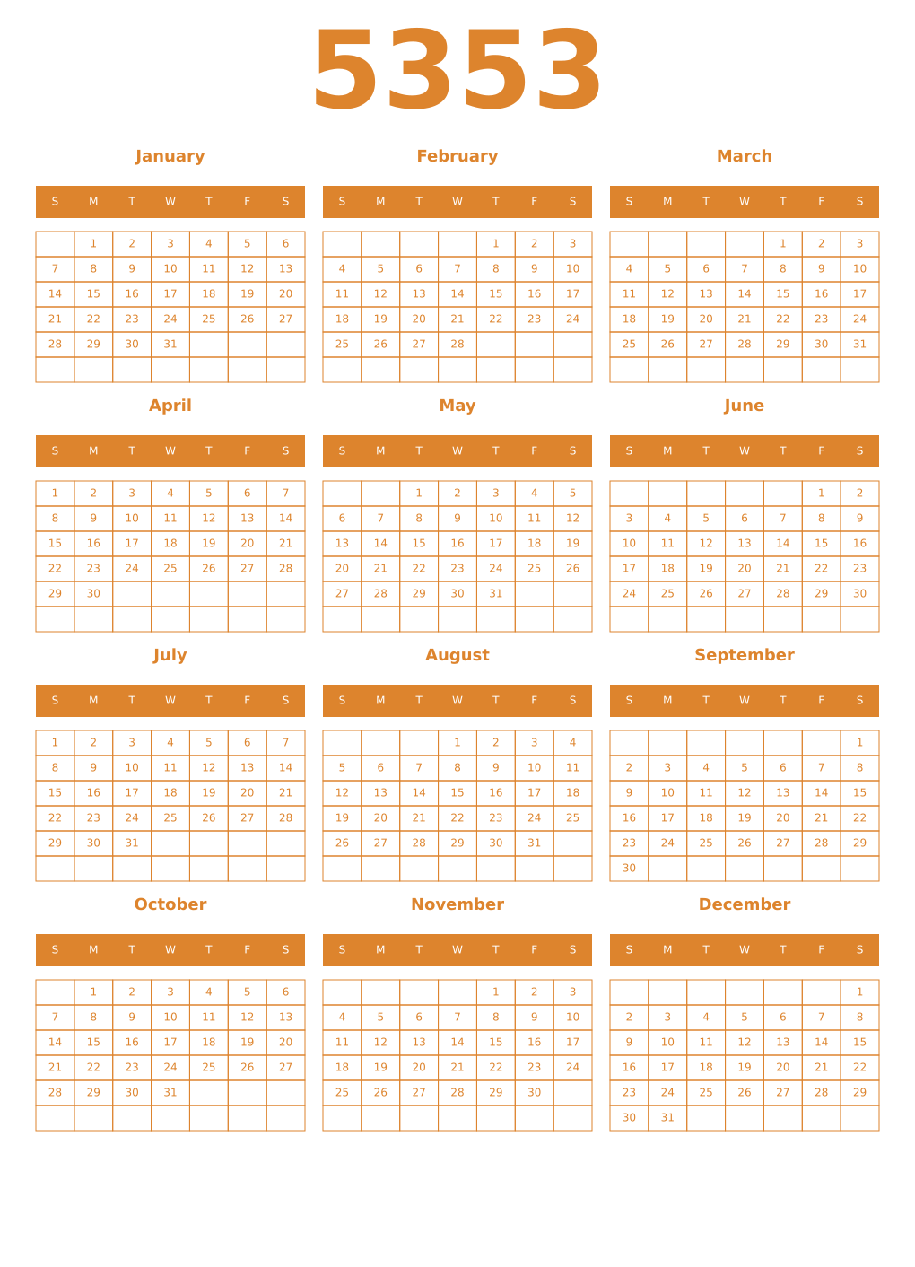 Printable 5353 Year Calendars orange