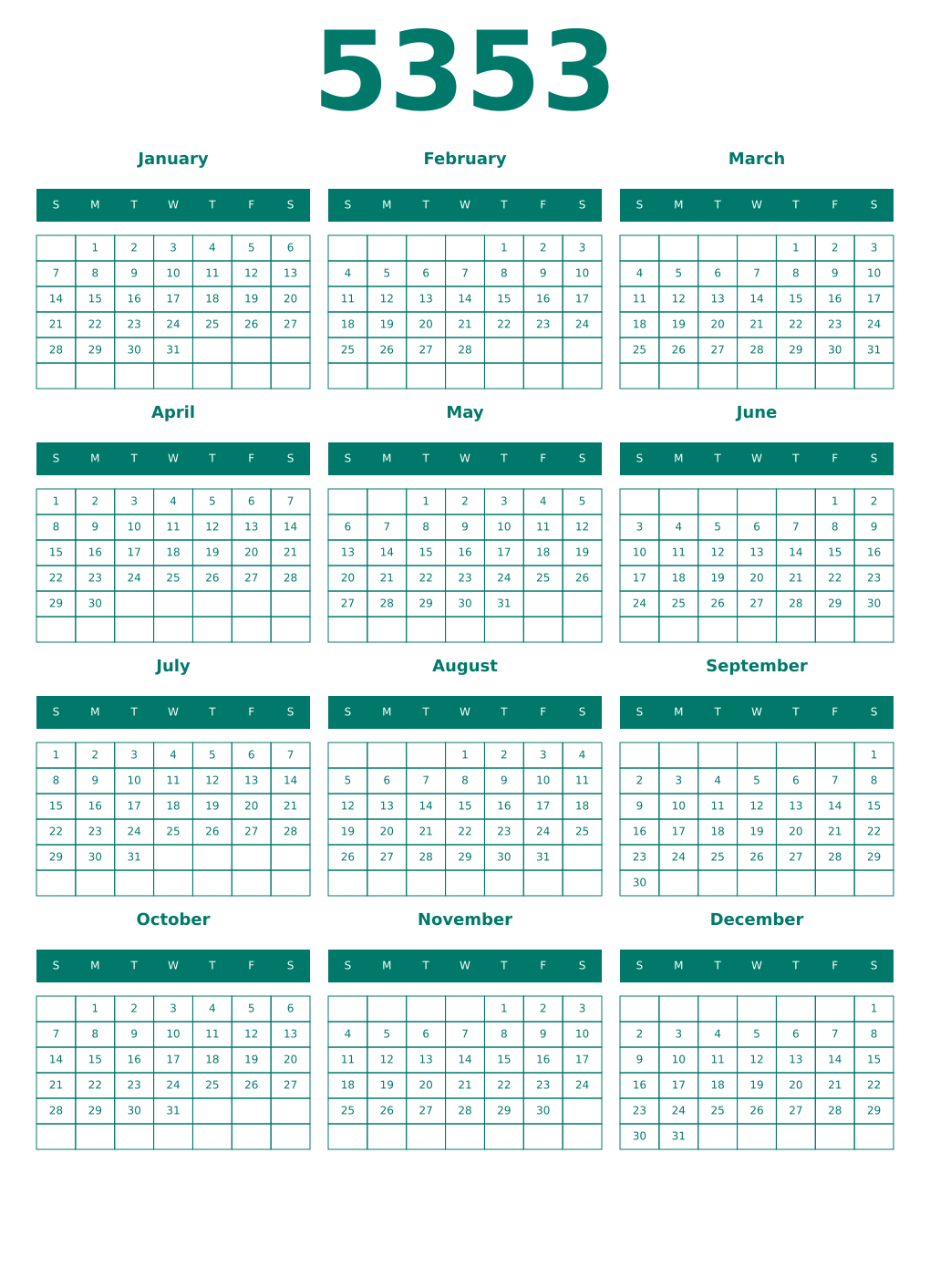 Printable 5353 Year Calendars pastel