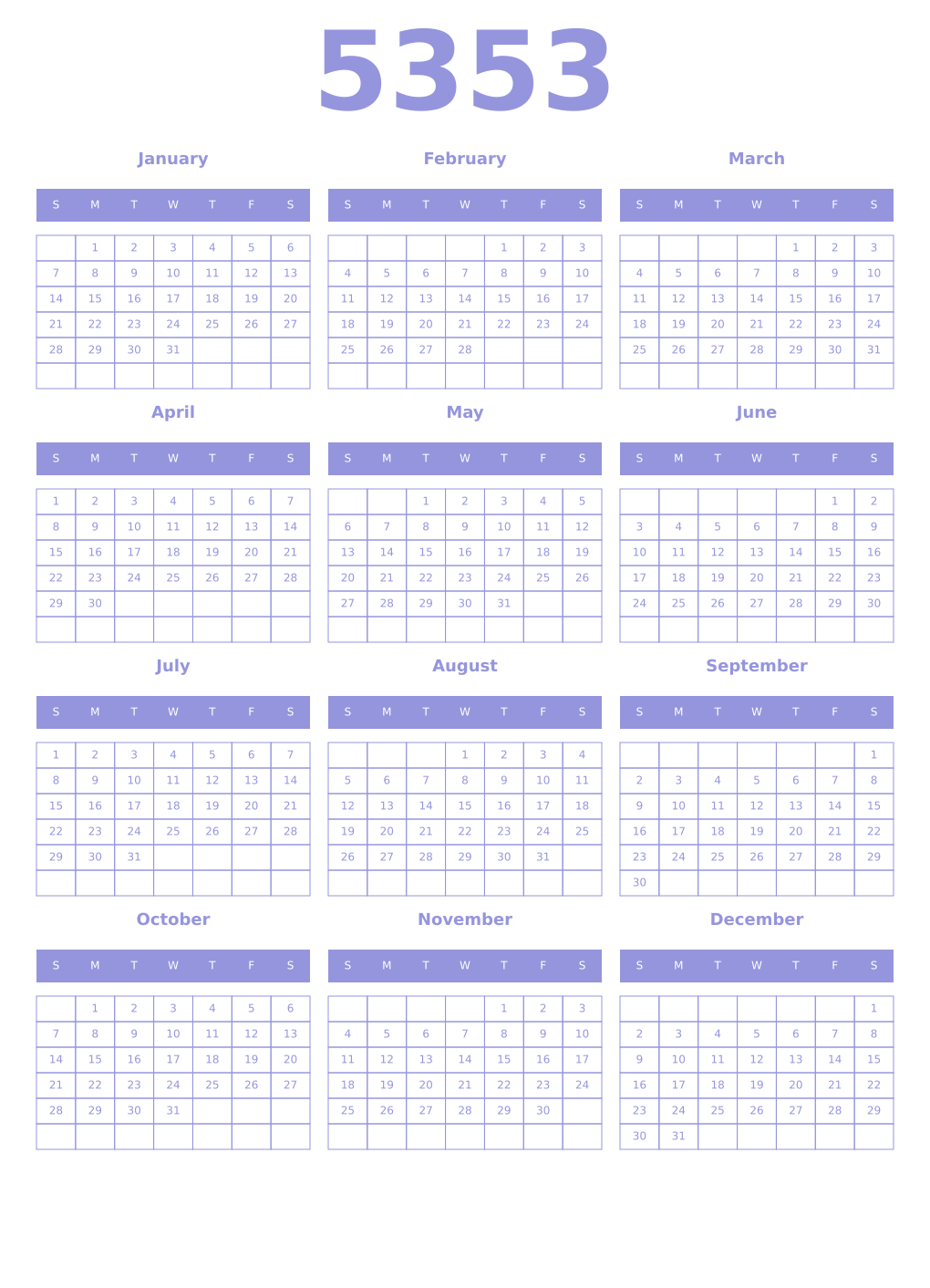 Printable 5353 Year Calendars periwinkle