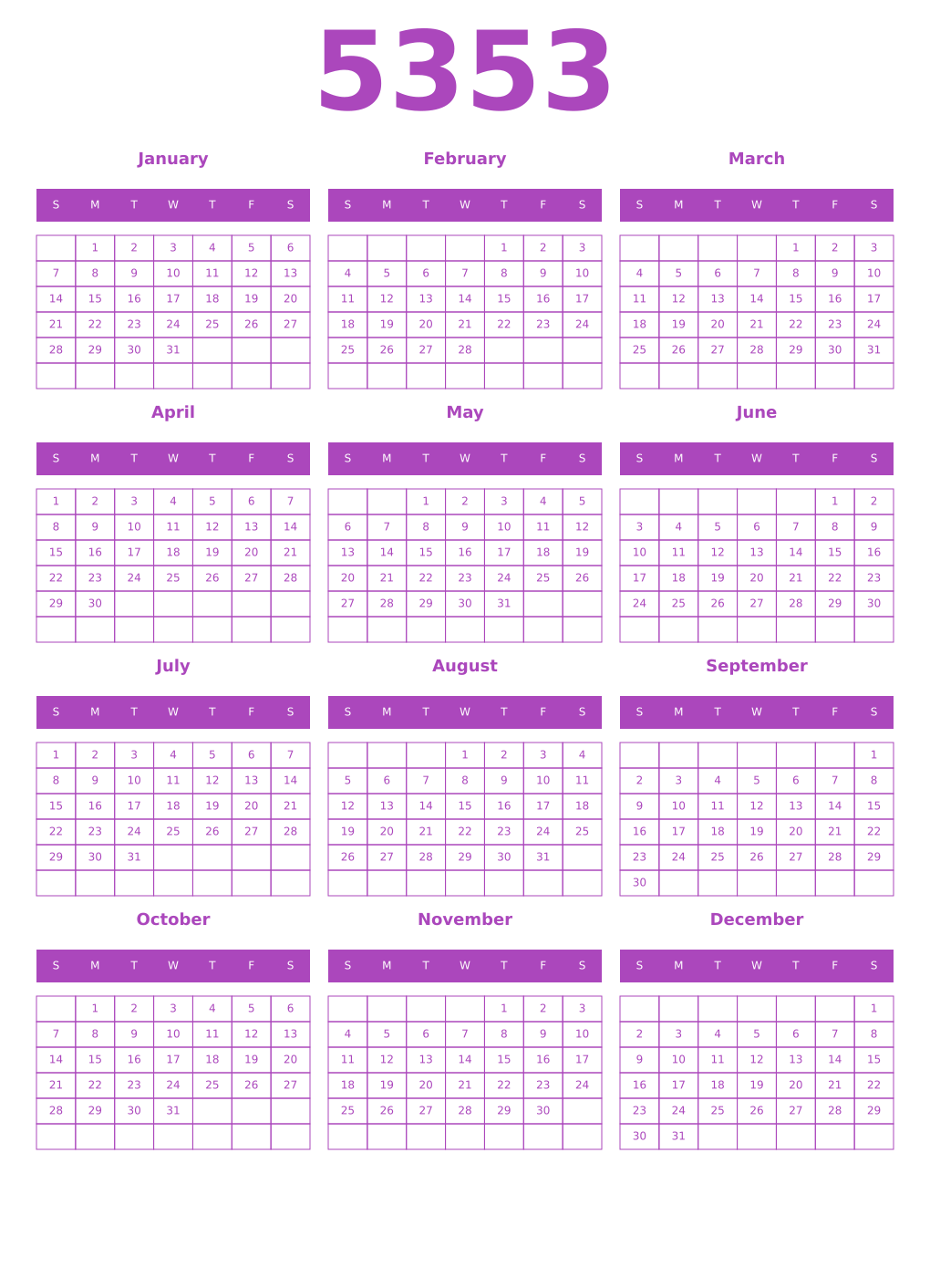 Printable 5353 Year Calendars purple