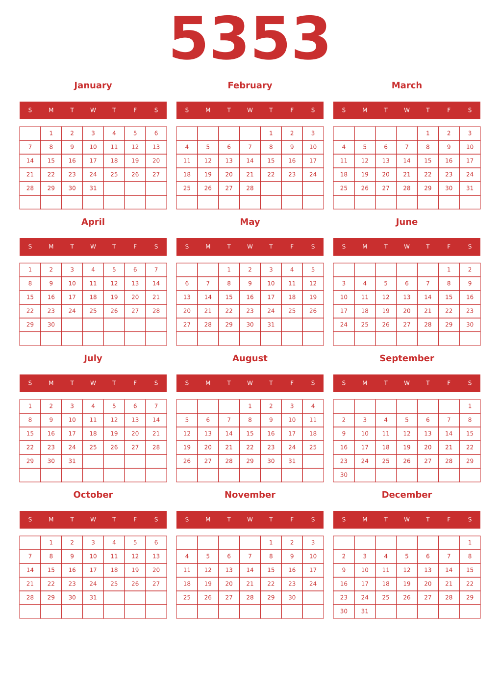 Printable 5353 Year Calendars red