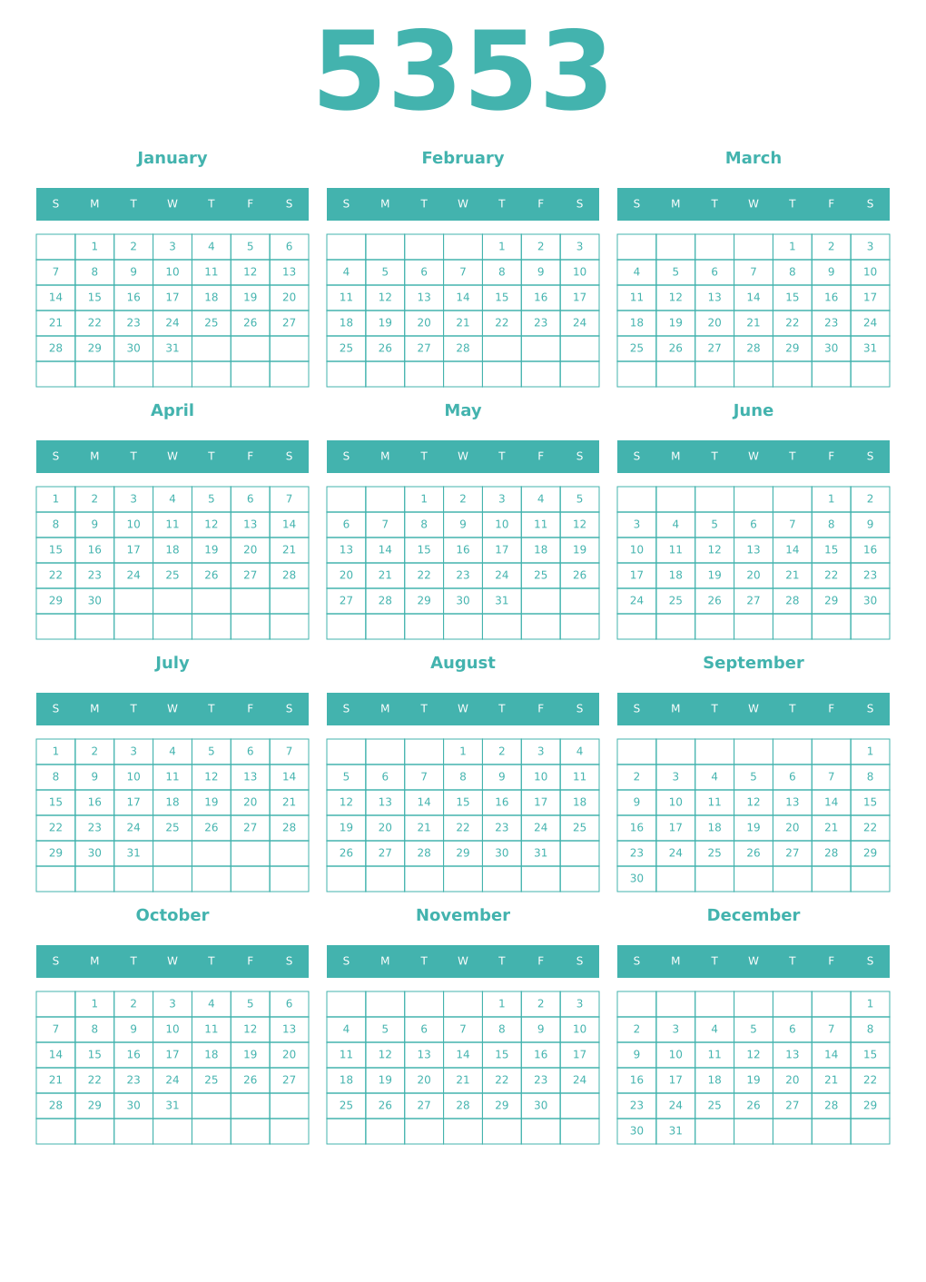Printable 5353 Year Calendars verdigris