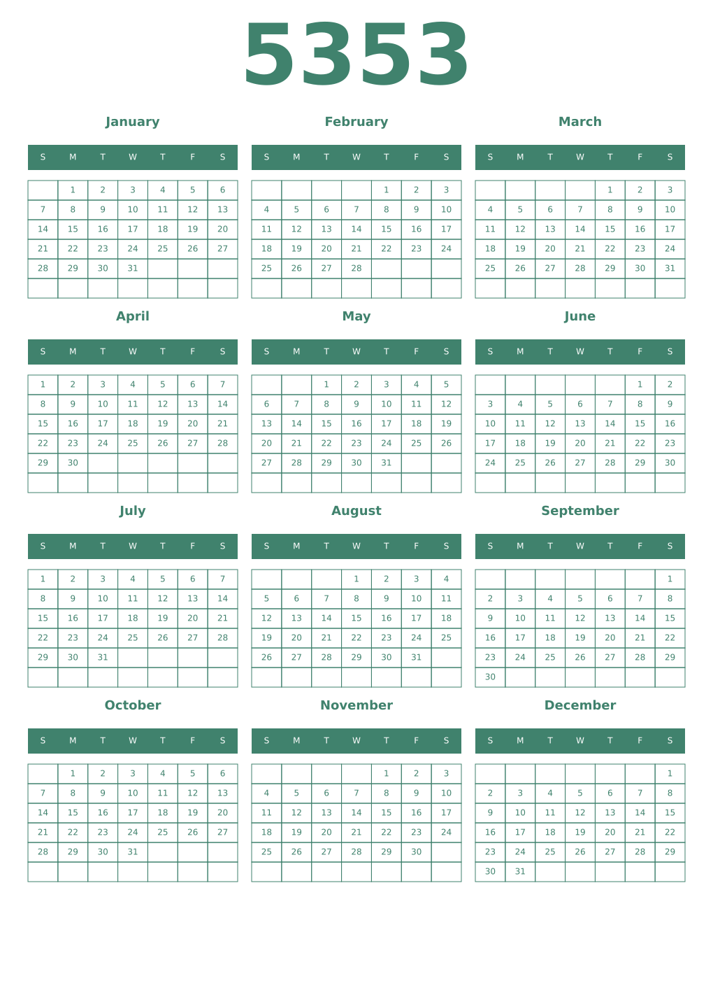 Printable 5353 Year Calendars viridian