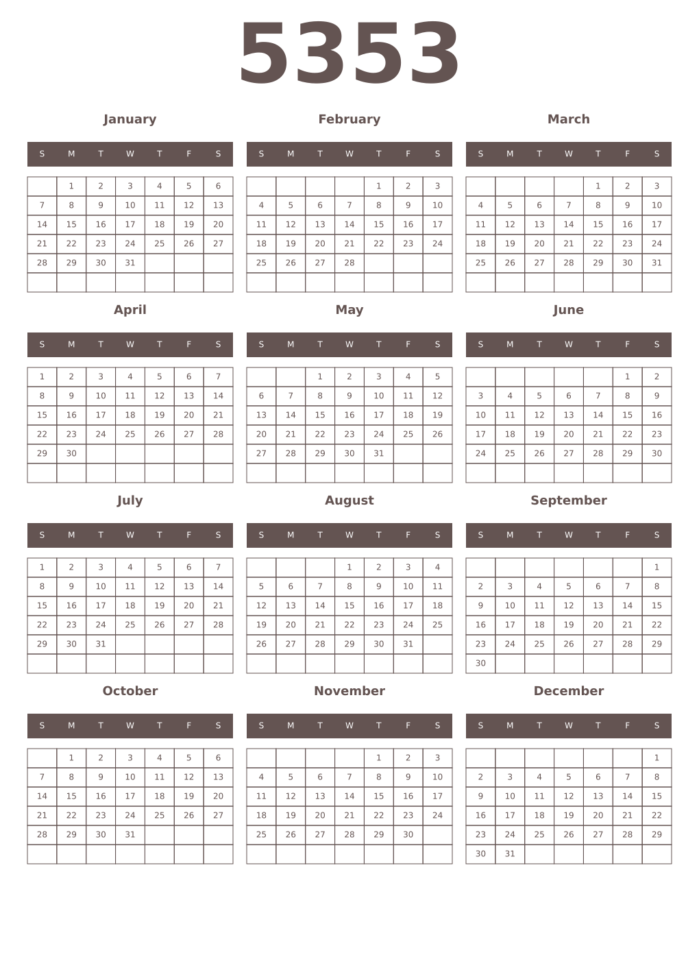 Printable 5353 Year Calendars wenge