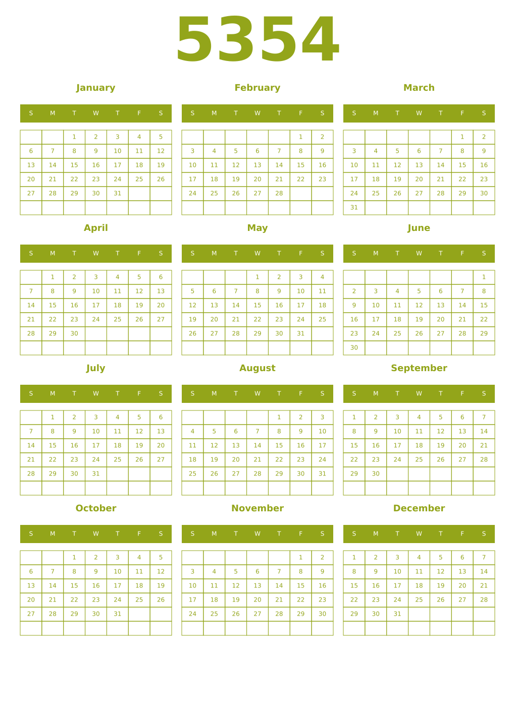 Printable 5354 Year Calendars chartreuse
