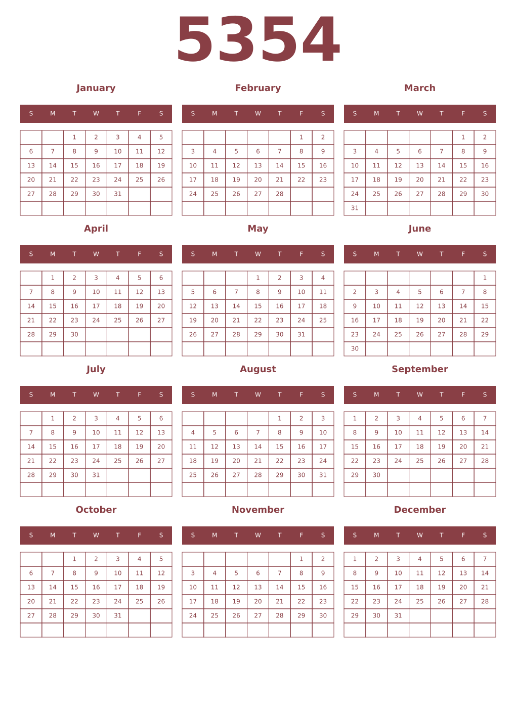 Printable 5354 Year Calendars cordovan