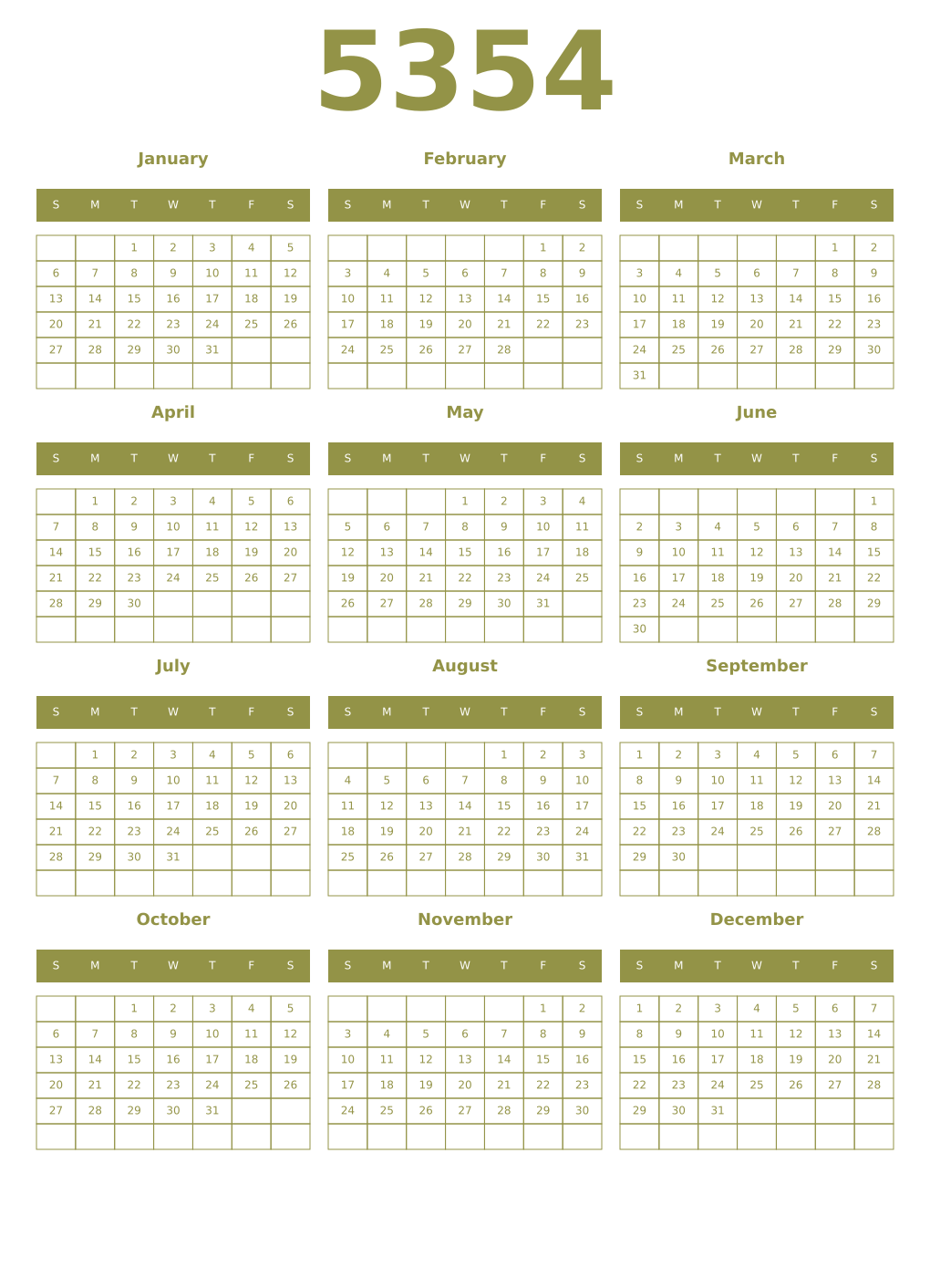Printable 5354 Year Calendars eburnean