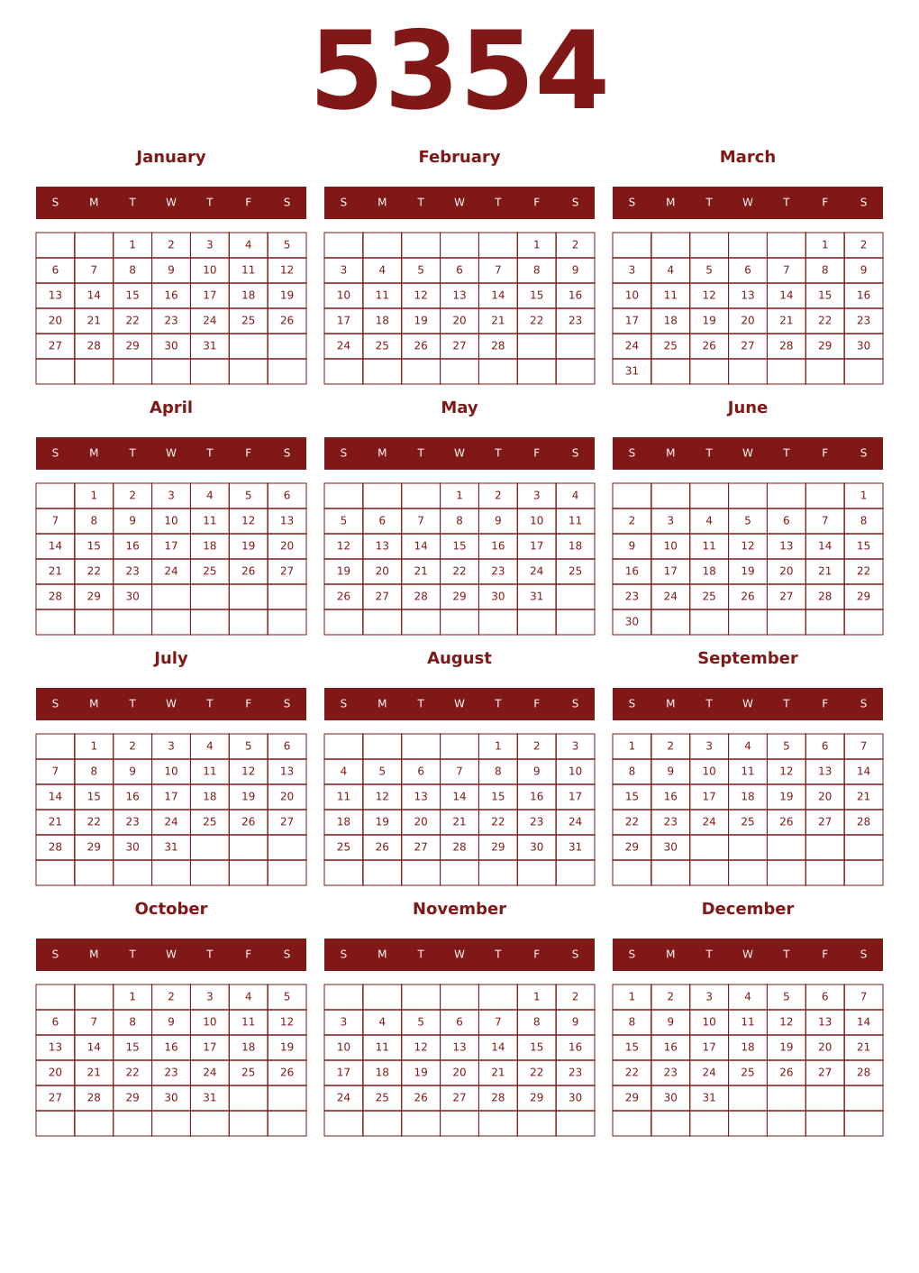 Printable 5354 Year Calendars falu