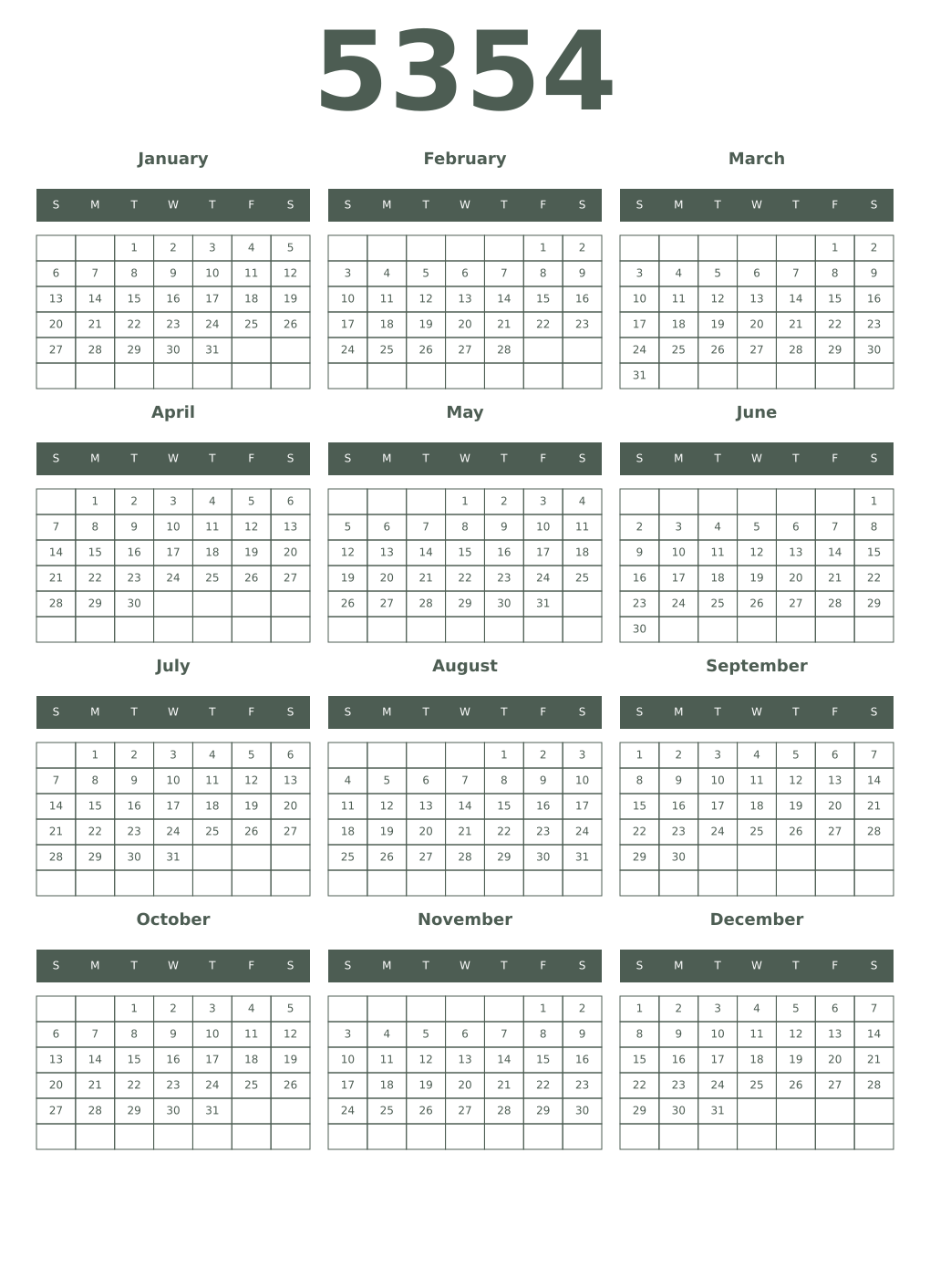 Printable 5354 Year Calendars feldgrau