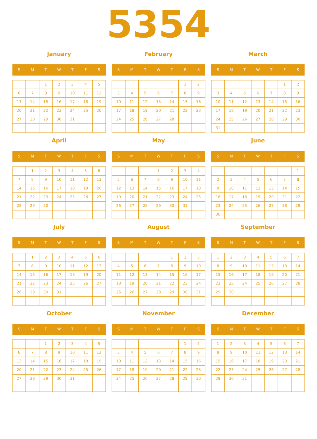 Printable 5354 Year Calendars gamboge