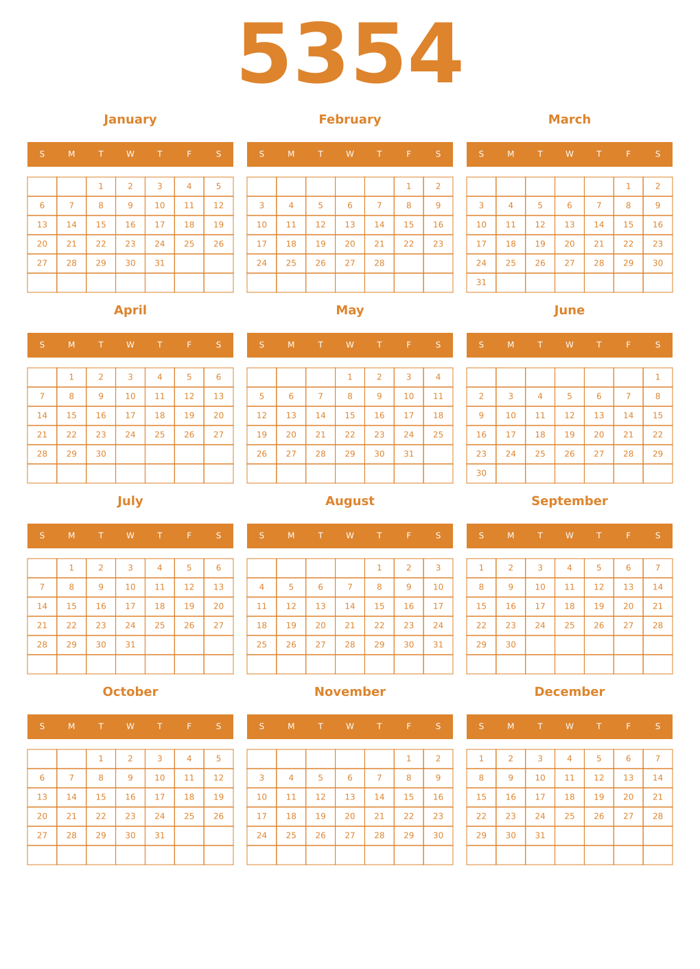Printable 5354 Year Calendars orange