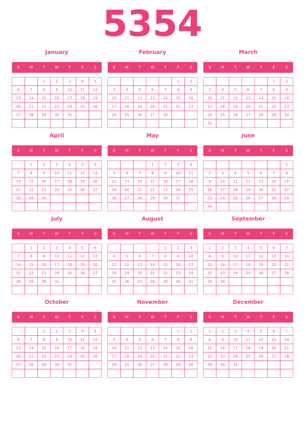 Printable 5354 Year Calendars pink